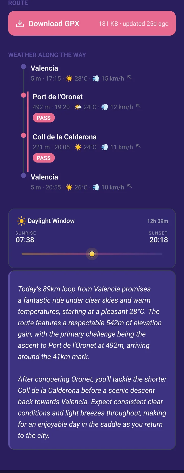 Morning brief — GPX download, weather along the route, daylight window, and a personalised ride summary